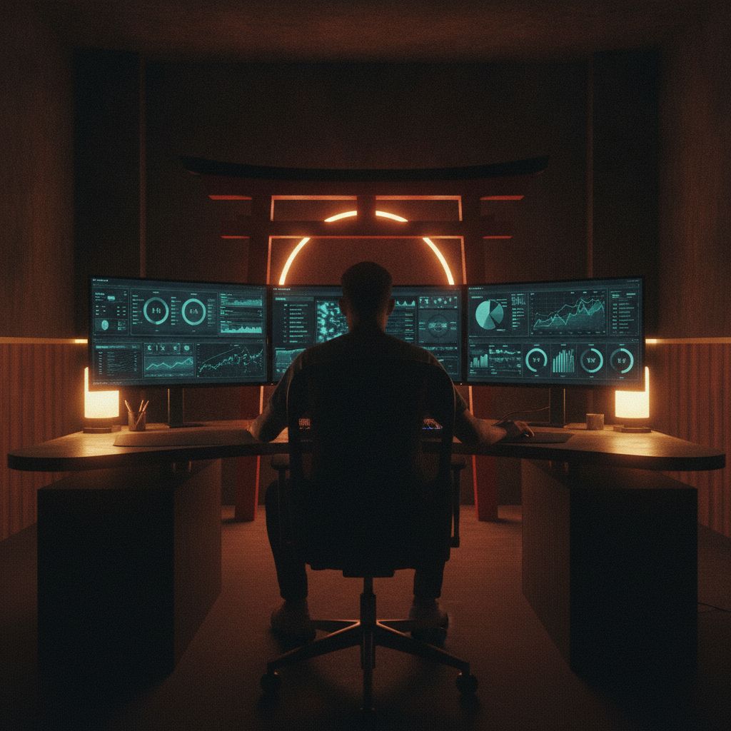 A focused creator reviewing channel analytics in a dark, warm-lit studio